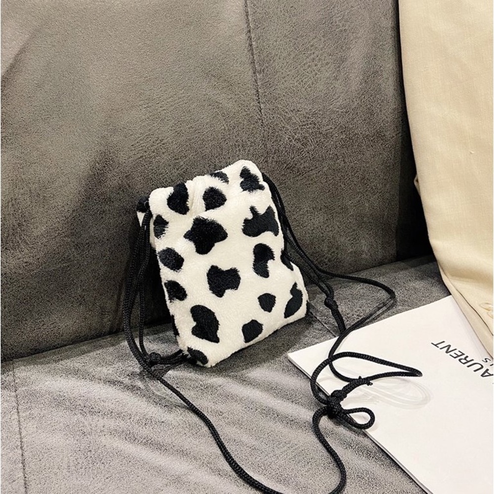 New Faux Fur Medium Cow Print Buttery Soft Handmade Drawstring Crossbody Bag - Picture 12 of 15
